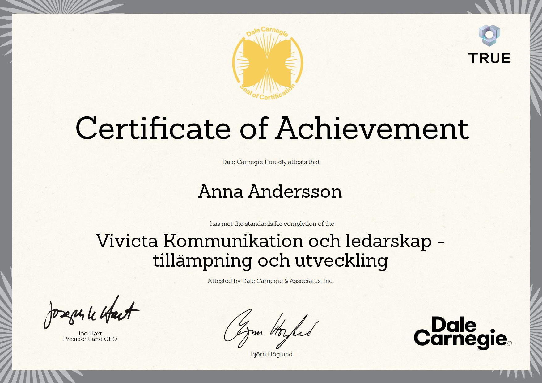 Exempel: diplom för Vivicta Kommunikation och ledarskap - tillämpning och utveckling från Dale Carnegie