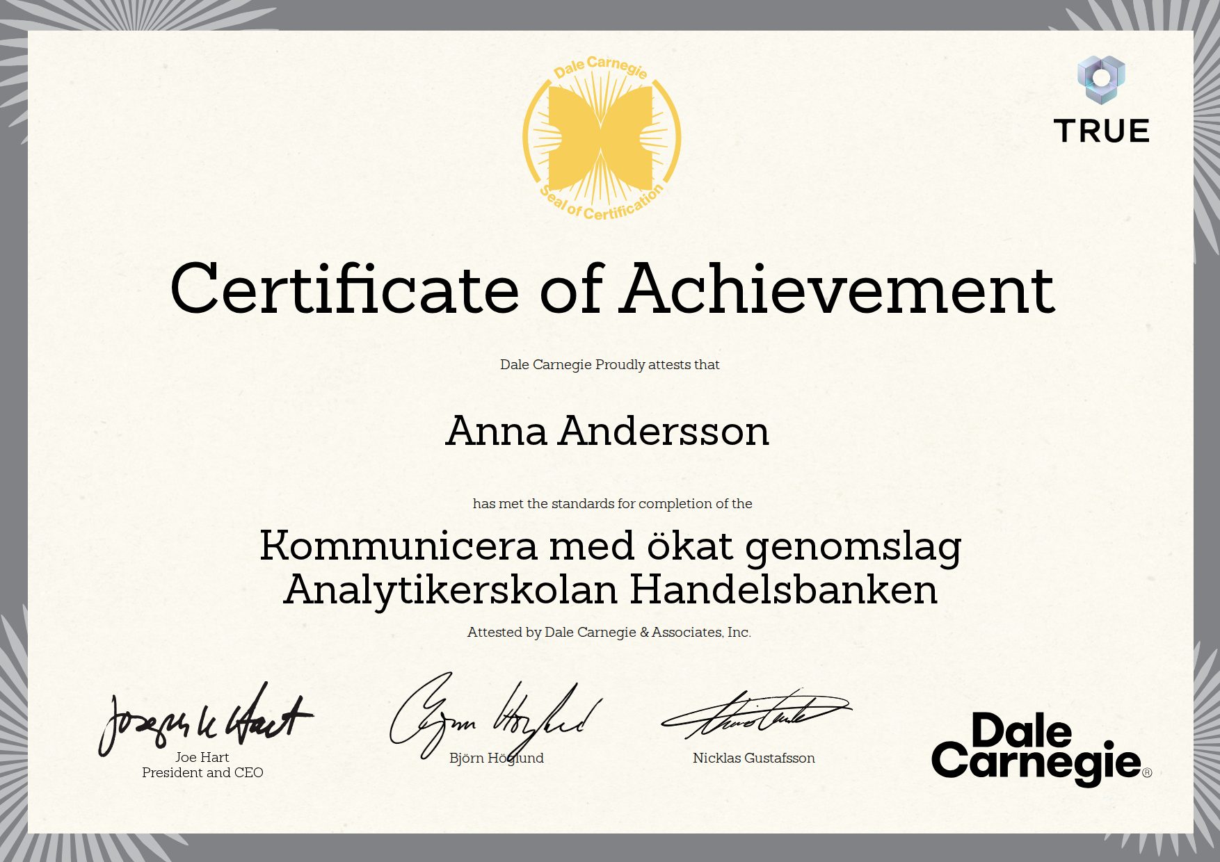 Exempel: diplom för Kommunicera med ökat genomslag Analytikerskolan Handelsbanken från Dale Carnegie