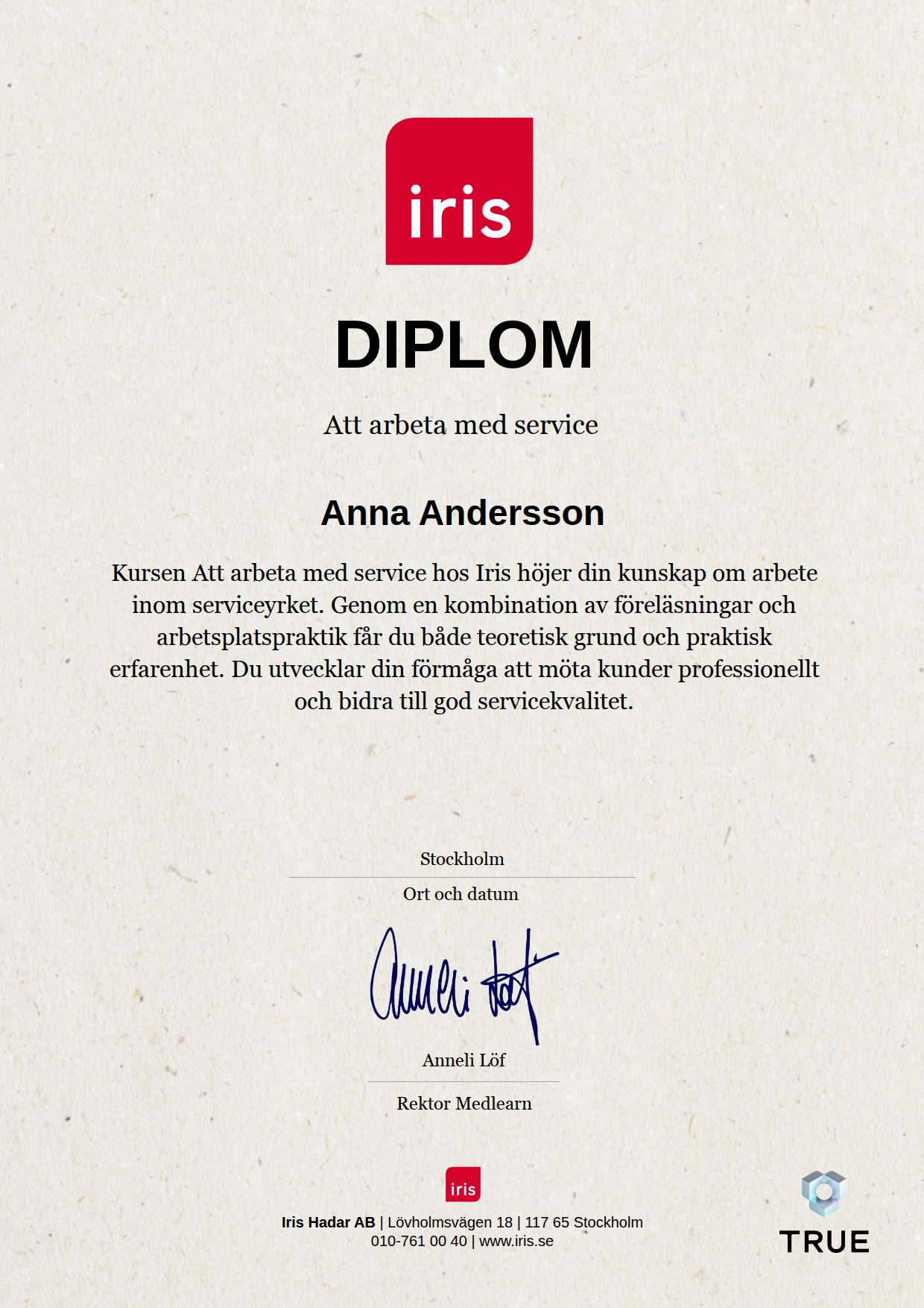 Example certificate for Working in Service from IRIS - Iris