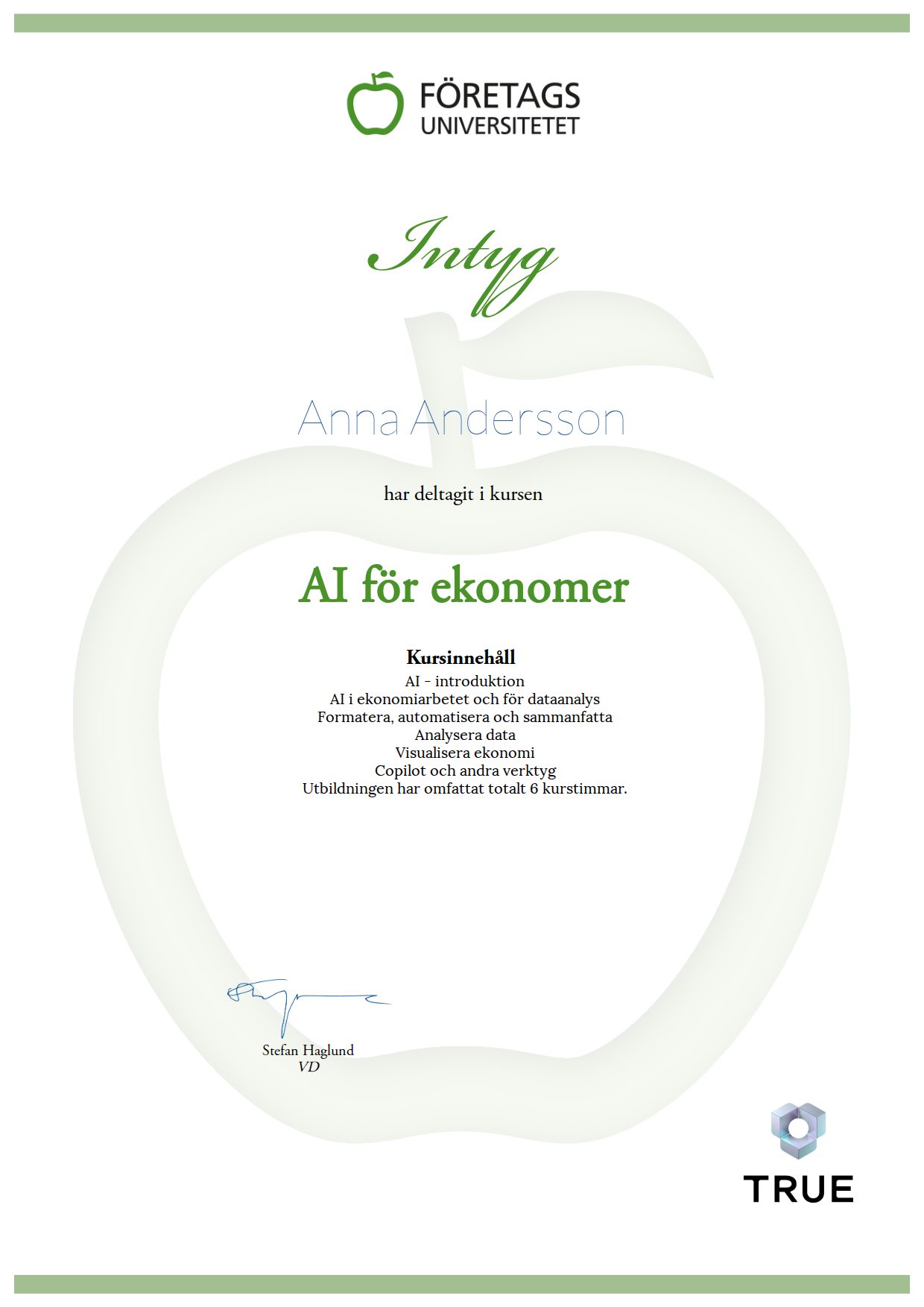 Example certificate for AI för ekonomer from Företagsuniversitetet