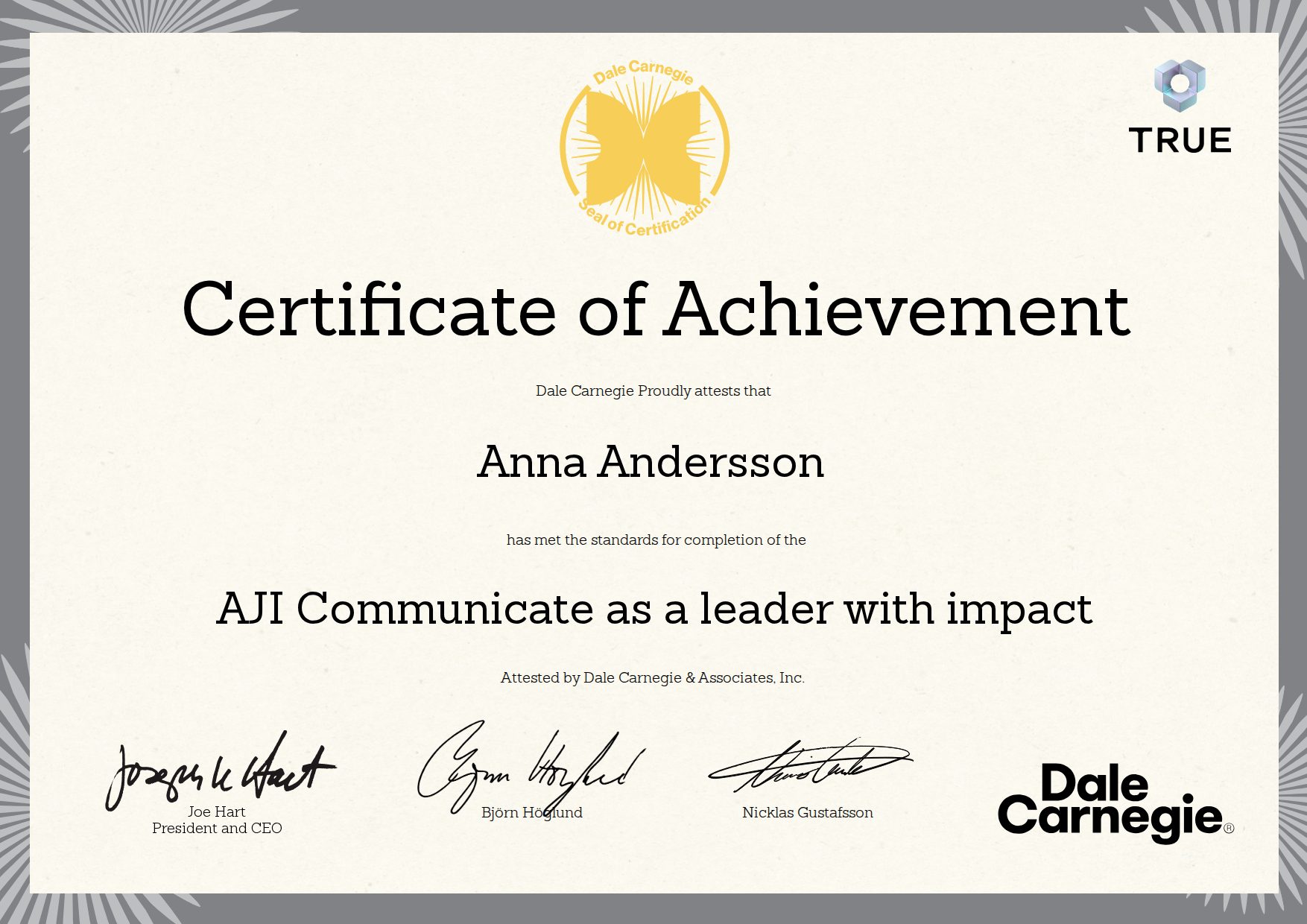 Example certificate for AJI Communicate as a leader with impact from Dale Carnegie