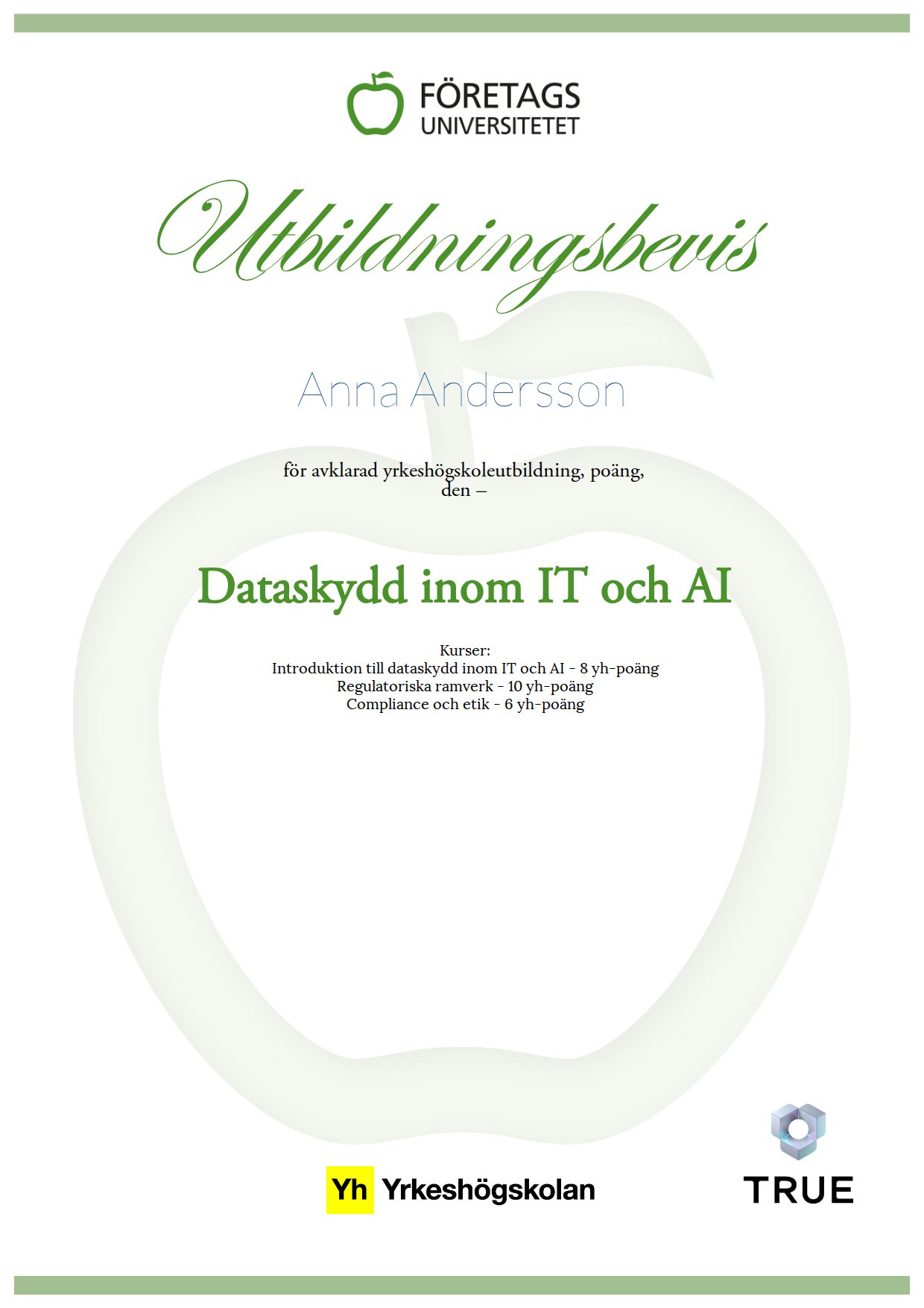 Exempel: diplom för Dataskydd inom IT och AI från Företagsuniversitetet YH