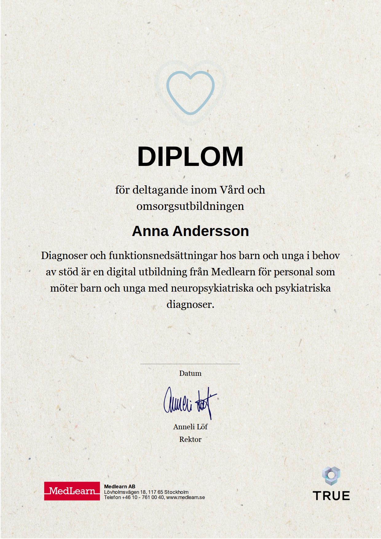 Exempel: diplom för Diagnoser och funktionsnedsättningar hos barn och unga i behov av stöd från IRIS - MedLearn