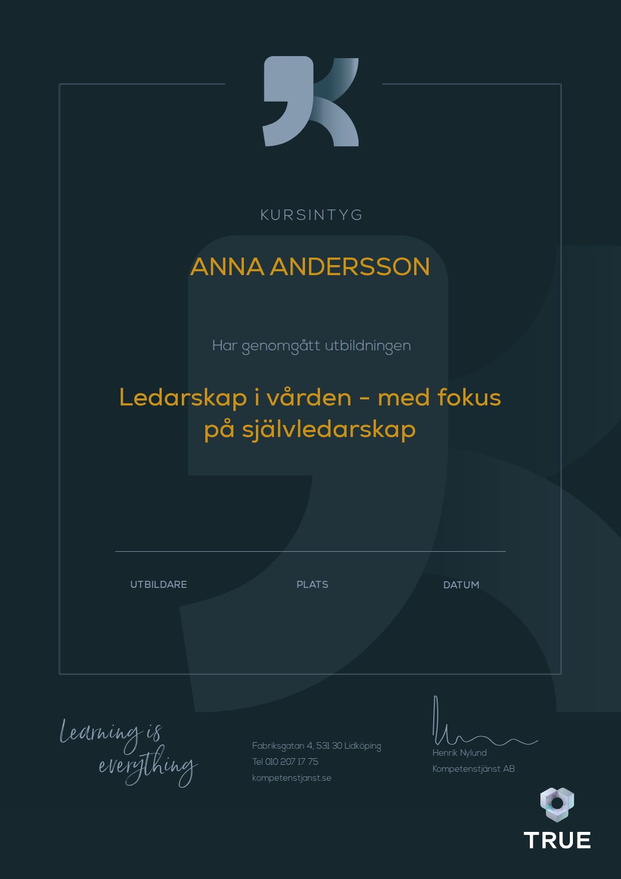Exempel: diplom för Ledarskap i vården - med fokus på självledarskap från Kompetenstjänst