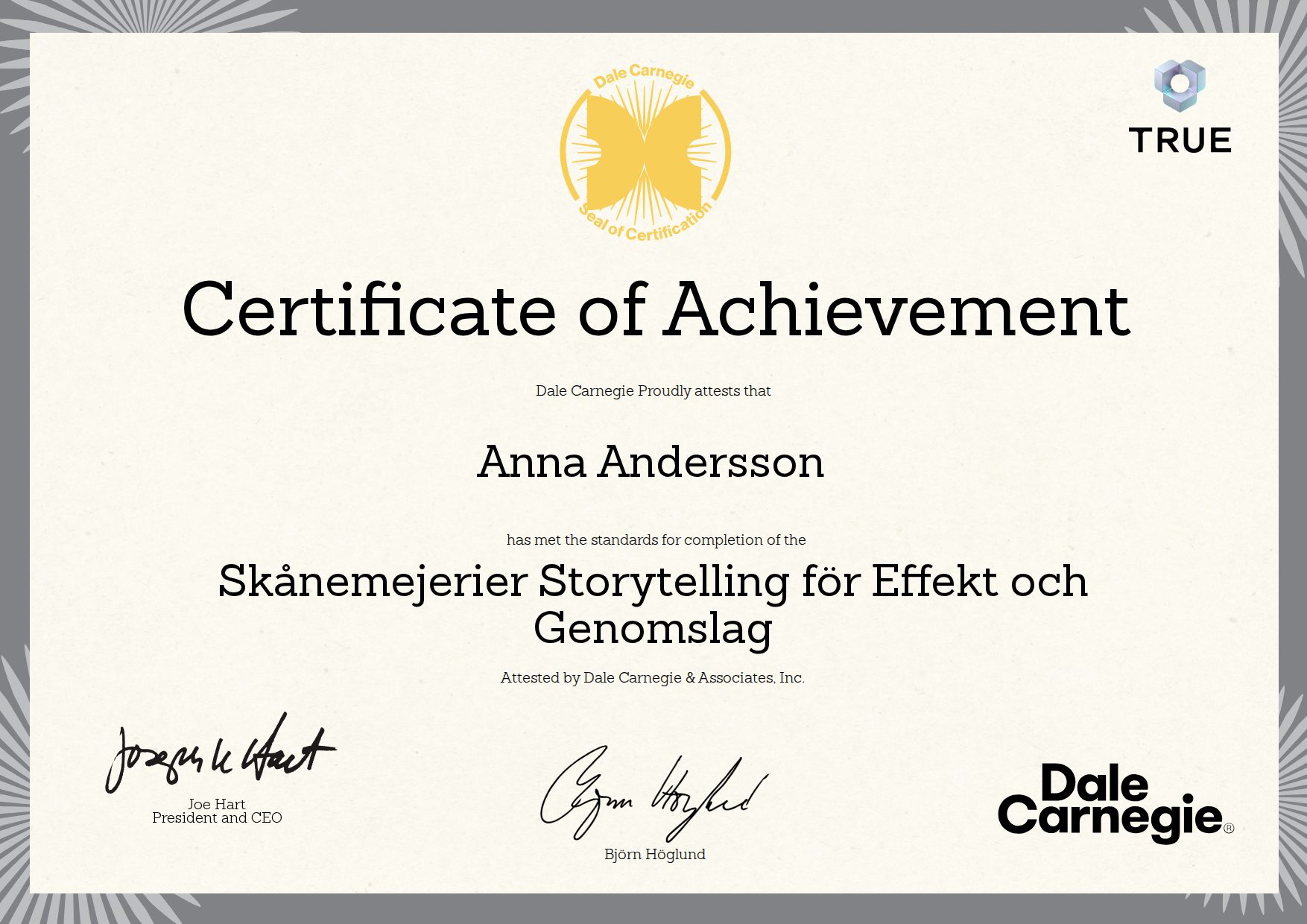 Exempel: diplom för Skånemejerier Storytelling för Effekt och Genomslag från Dale Carnegie