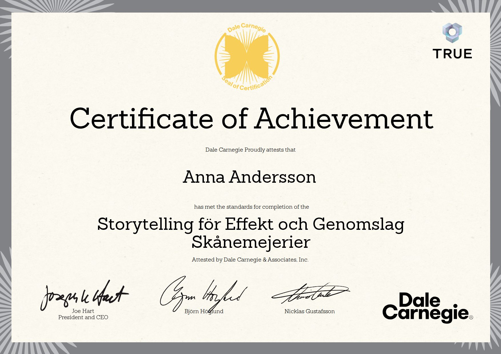 Exempel: diplom för Storytelling för Effekt och Genomslag Skånemejerier från Dale Carnegie