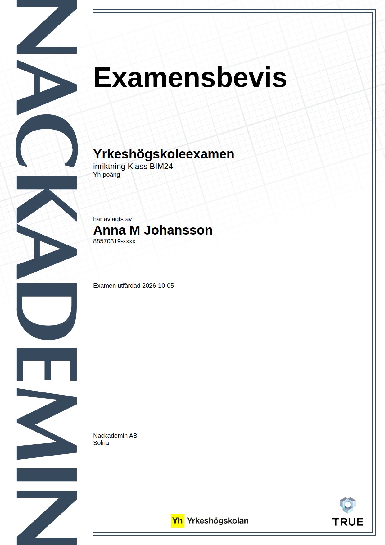 Exempel: diplom för Klass BIM24 från Nackademin
