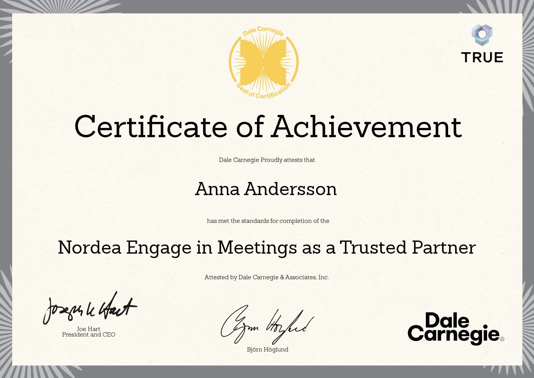 Exempel: diplom för Nordea Engage in Meetings as a Trusted Partner från Dale Carnegie