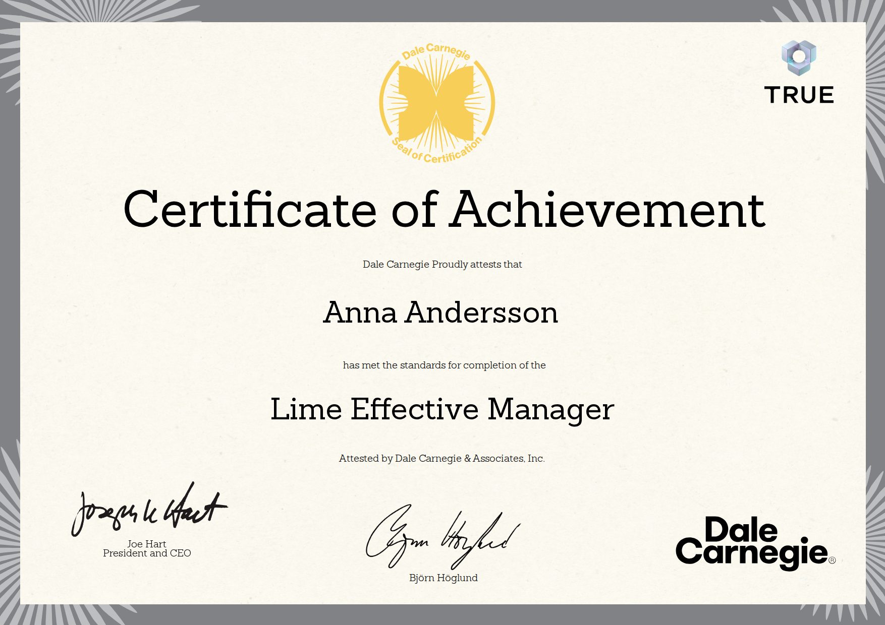 Exempel: diplom för Lime Effective Manager från Dale Carnegie