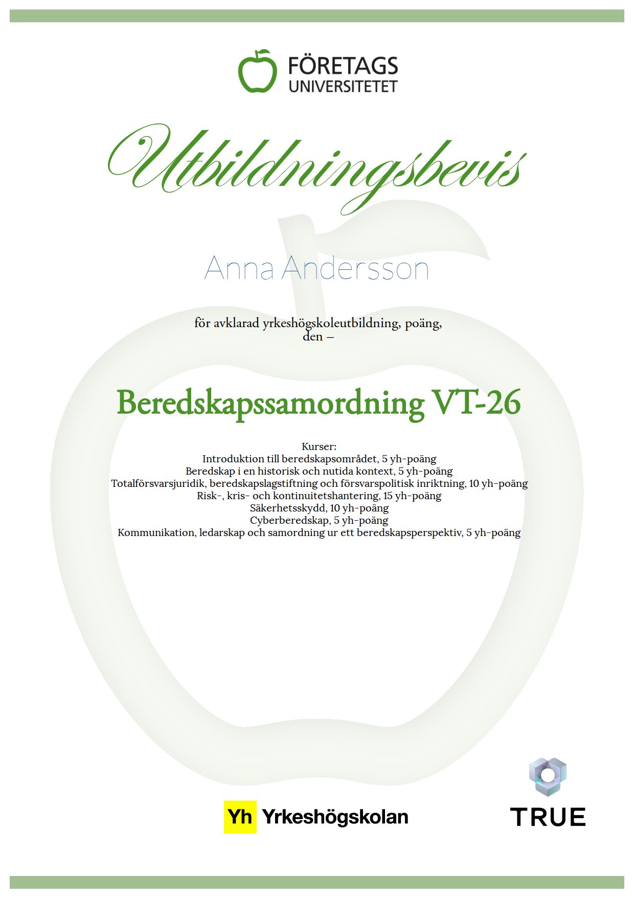 Example certificate for Preparedness Coordination Spring 2026 from Företagsuniversitetet YH
