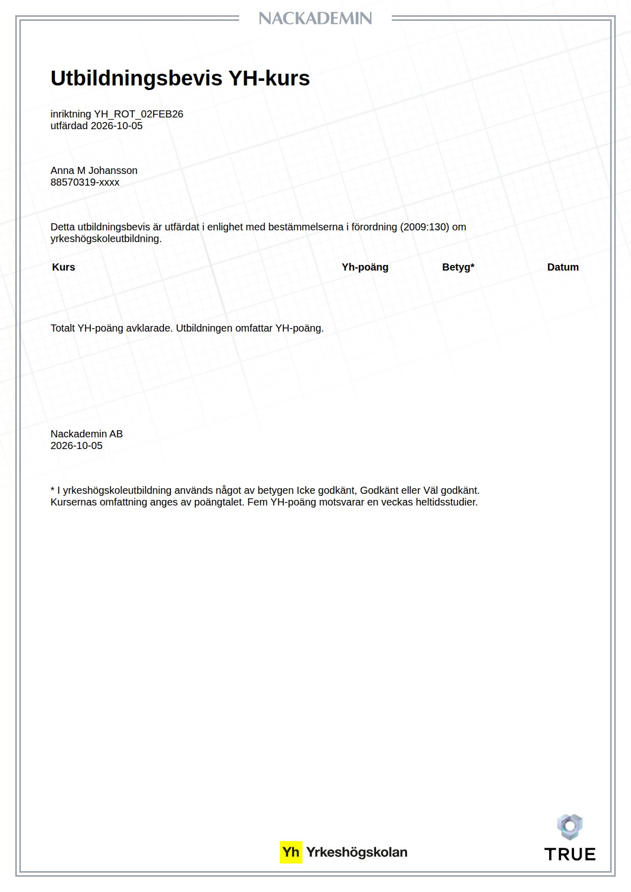Exempel: diplom för YH_ROT_02FEB26 från Nackademin