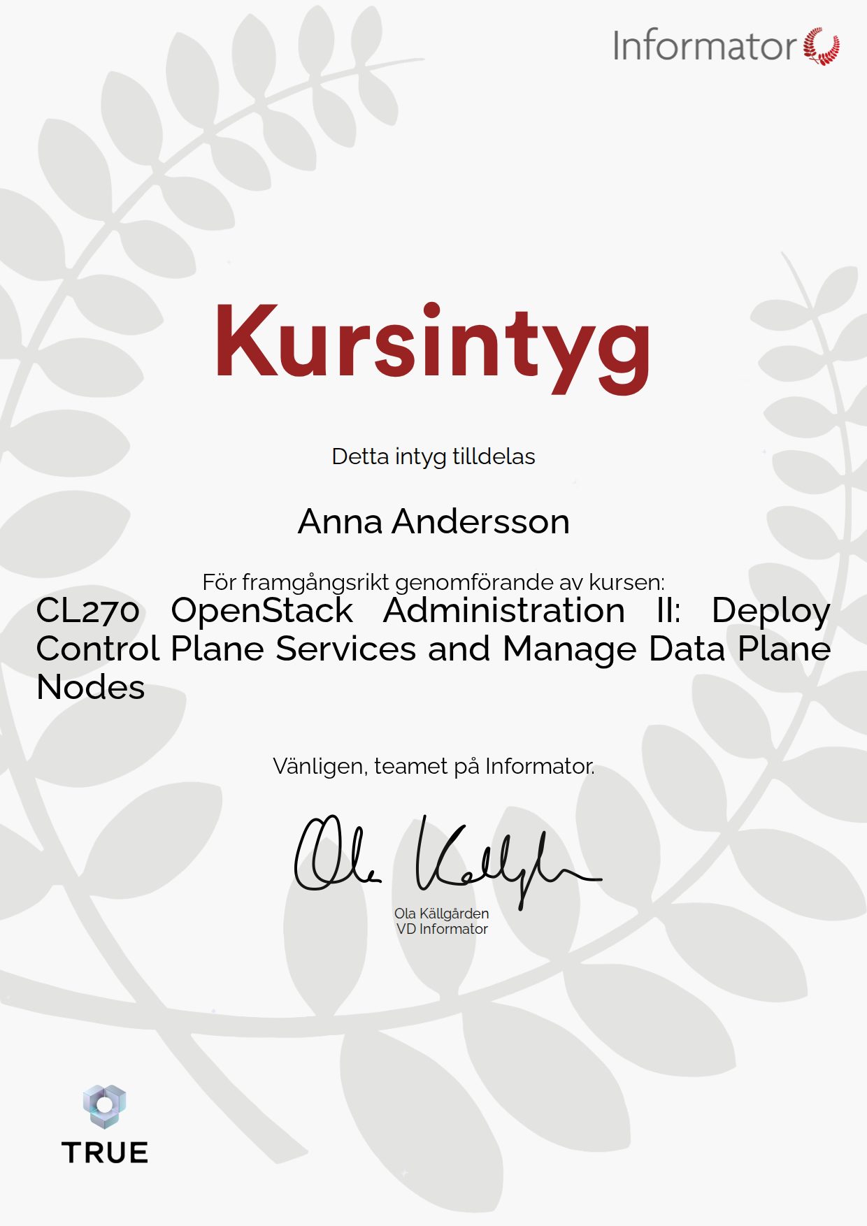 Exempel: diplom för CL270 OpenStack Administration II: Deploy Control Plane Services and Manage Data Plane Nodes från Informator Utbildning