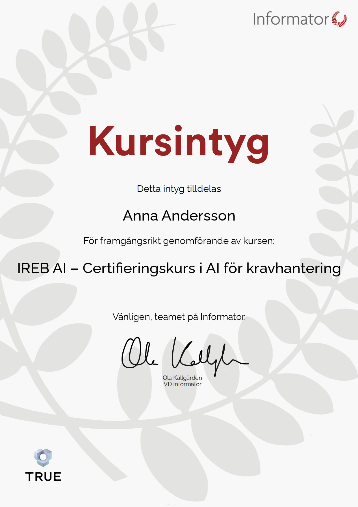 Exempel: diplom för IREB AI – Certifieringskurs i AI för kravhantering från Informator Utbildning
