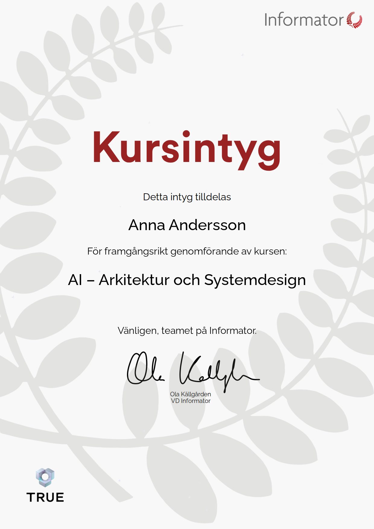 Exempel: diplom för AI – Arkitektur och Systemdesign från Informator Utbildning