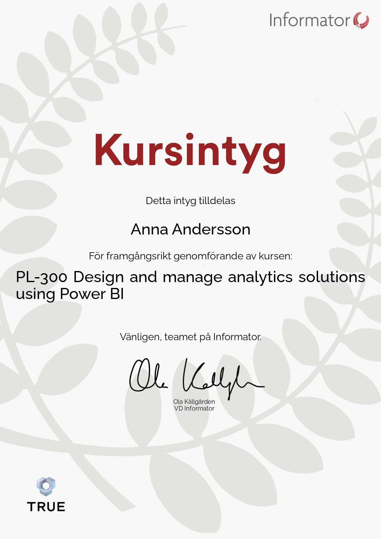 Exempel: diplom för PL-300 Design and manage analytics solutions using Power BI från Informator Utbildning