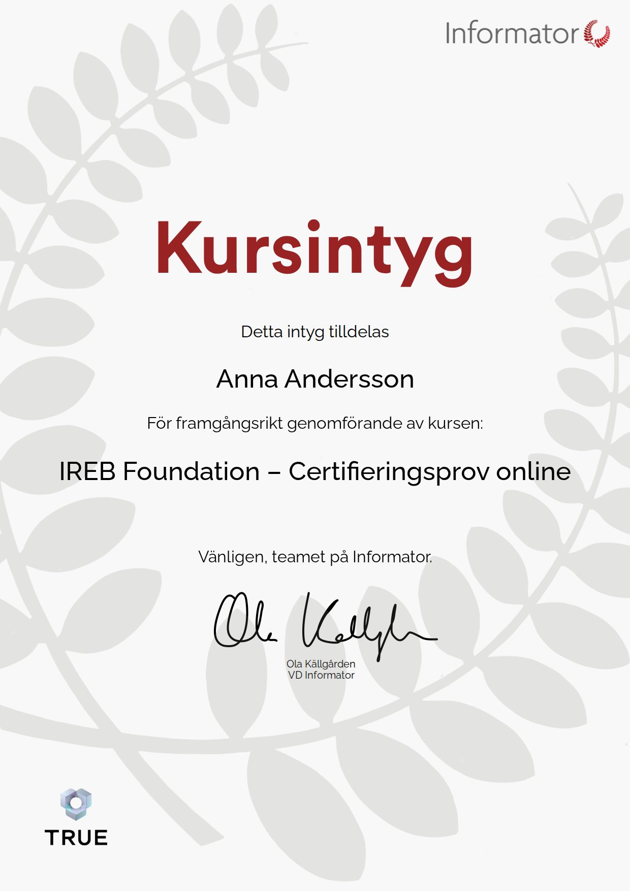 Example certificate for IREB Foundation: Online Certification Exam from Informator Utbildning