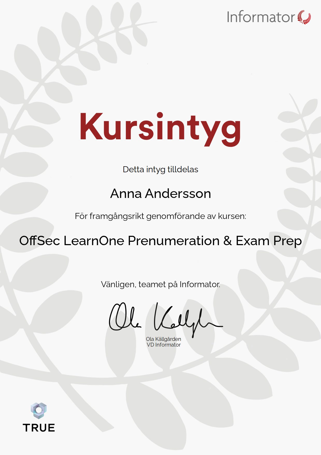 Example certificate for OffSec LearnOne Subscription & Exam Prep from Informator Utbildning