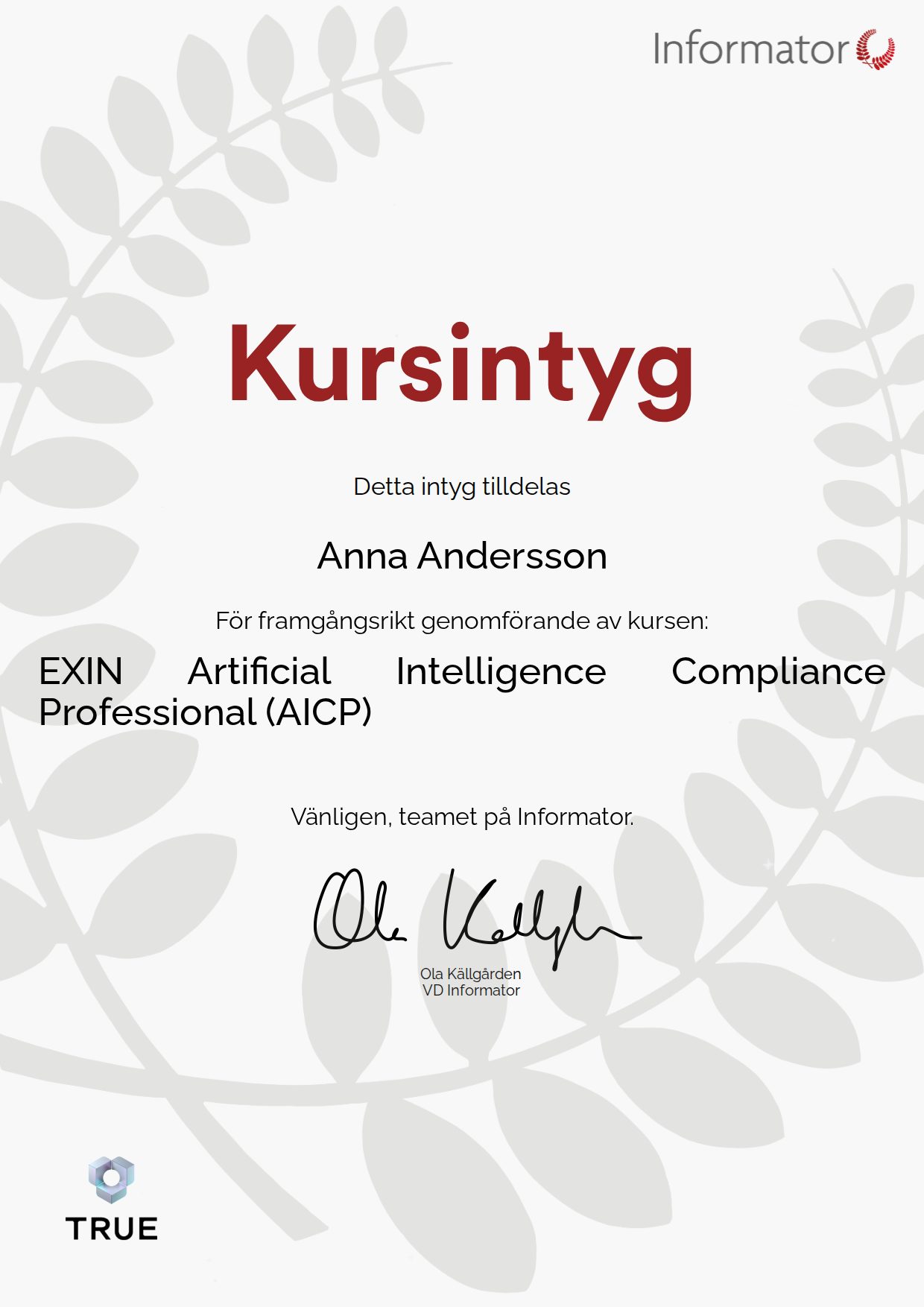 Exempel: diplom för EXIN Artificial Intelligence Compliance Professional (AICP) från Informator Utbildning
