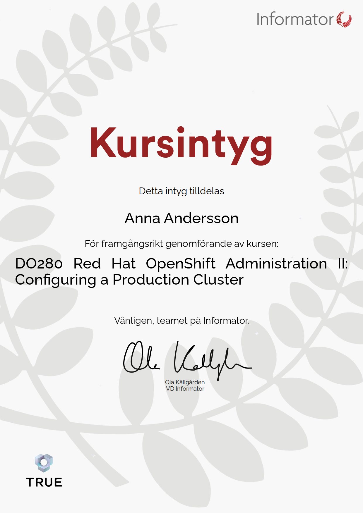Example certificate for DO280 Red Hat OpenShift Administration II: Configuring a Production Cluster from Informator Utbildning