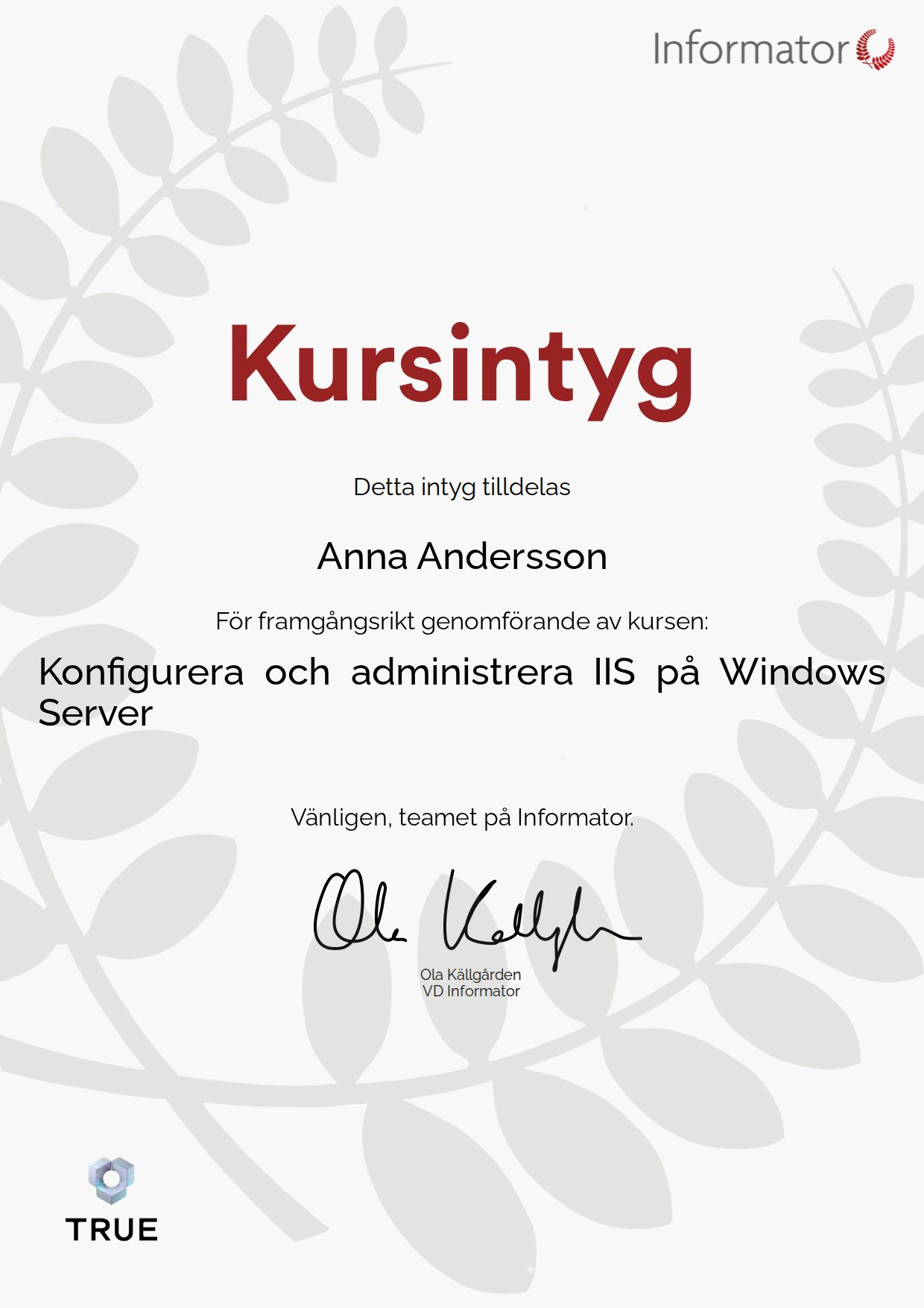 Example certificate for Configure and Administer IIS on Windows Server from Informator Utbildning