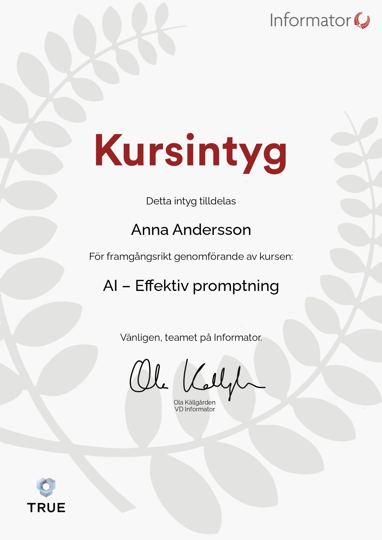 Exempel: diplom för AI – Effektiv promptning från Informator Utbildning