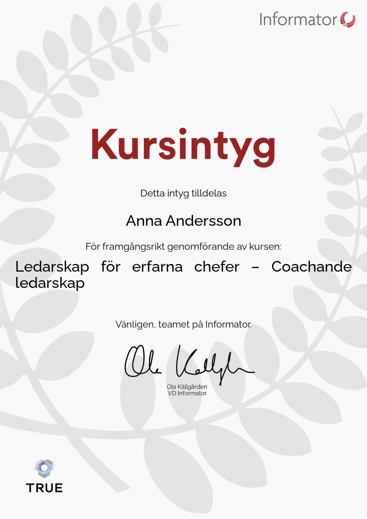 Exempel: diplom för Ledarskap för erfarna chefer – Coachande ledarskap från Informator Utbildning