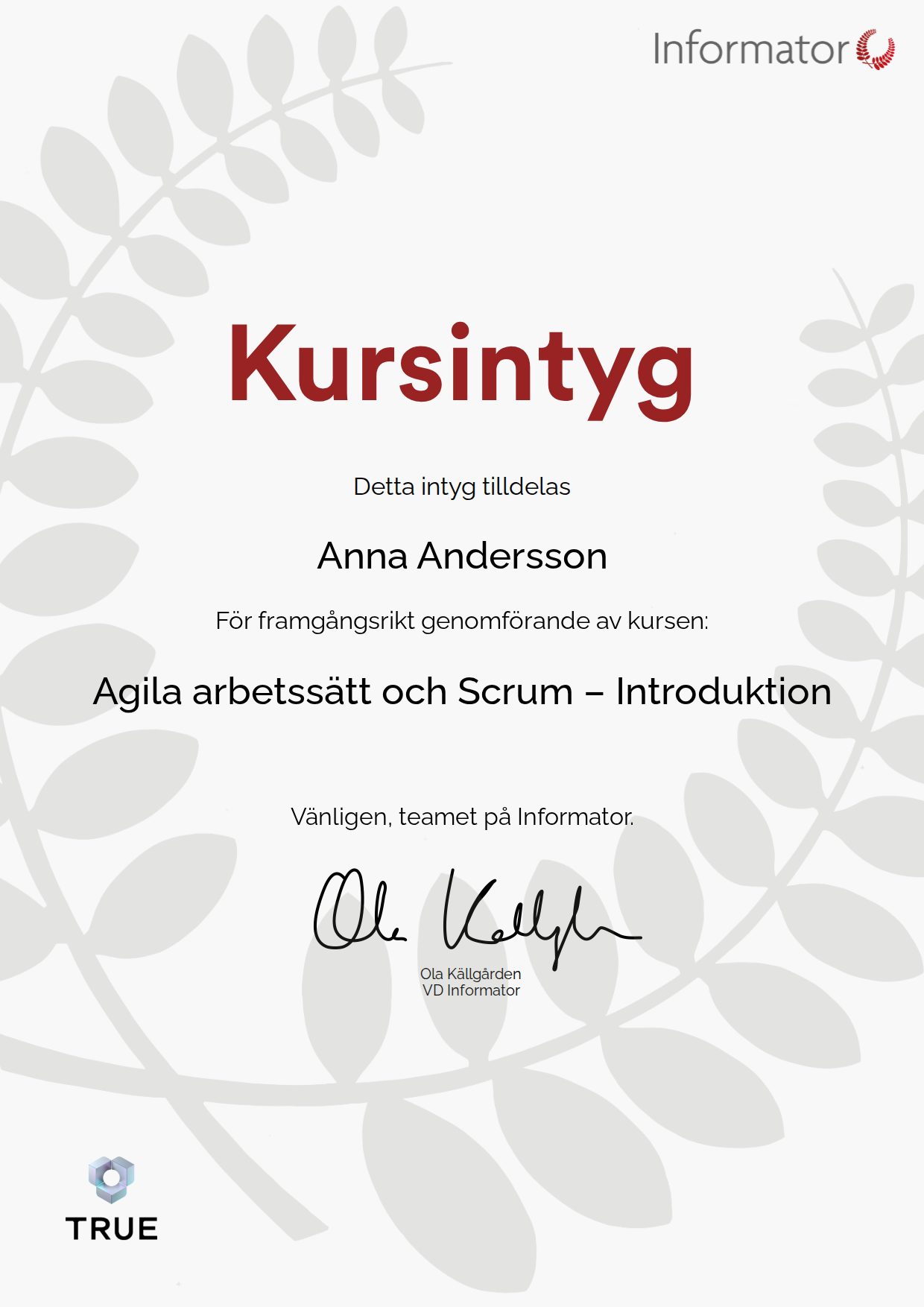 Example certificate for Agile Ways of Working and Scrum: Introduction from Informator Utbildning