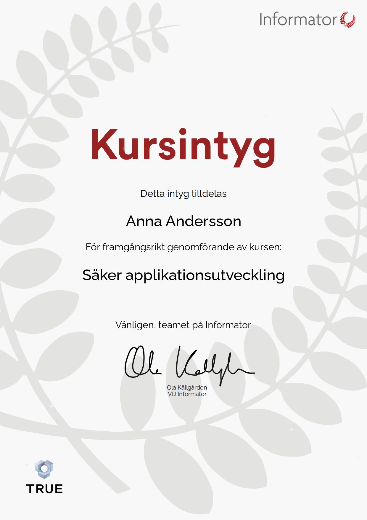 Exempel: diplom för Säker applikationsutveckling från Informator Utbildning