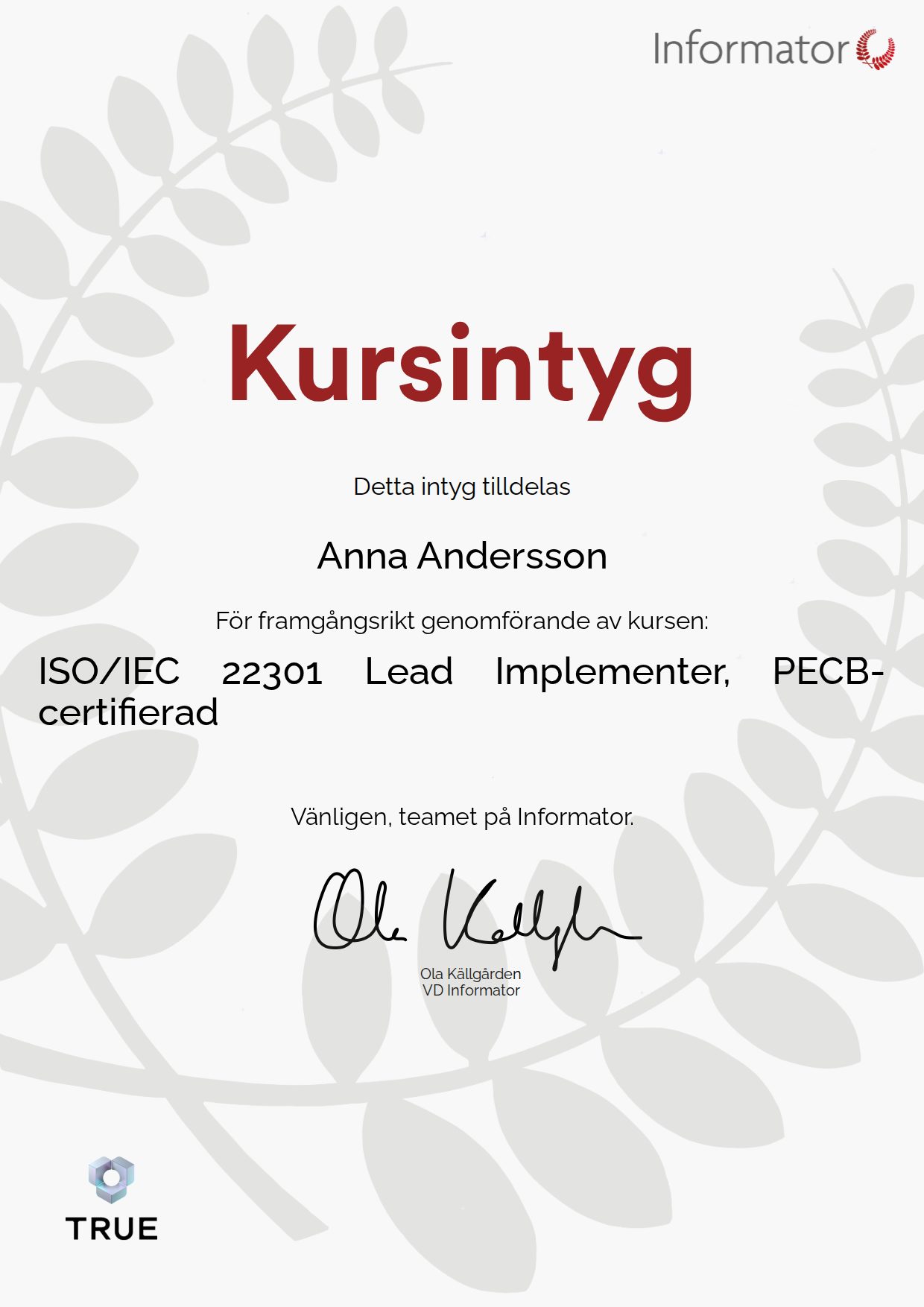 Exempel: diplom för ISO/IEC 22301 Lead Implementer, PECB-certifierad från Informator Utbildning