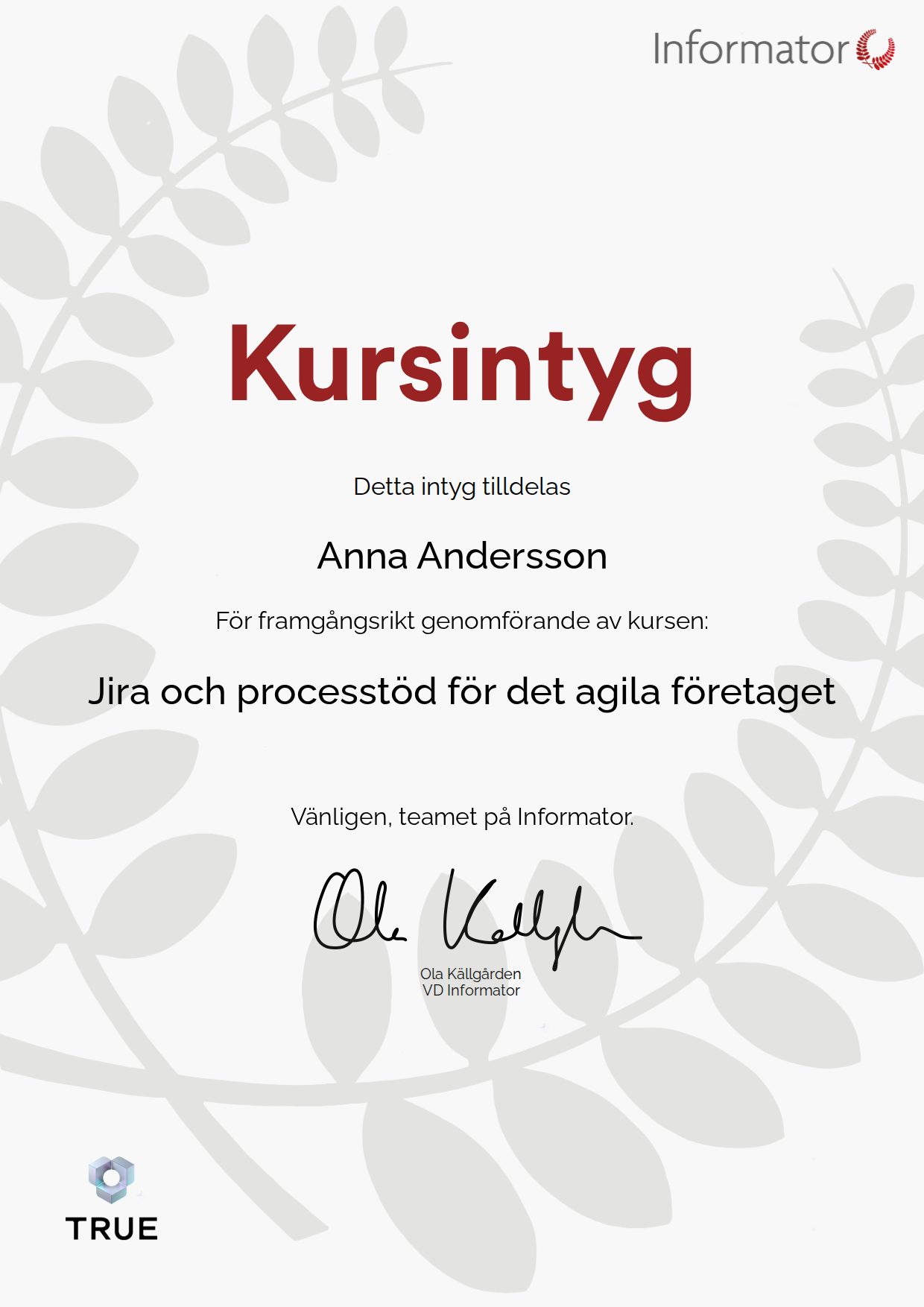 Exempel: diplom för Jira och processtöd för det agila företaget från Informator Utbildning