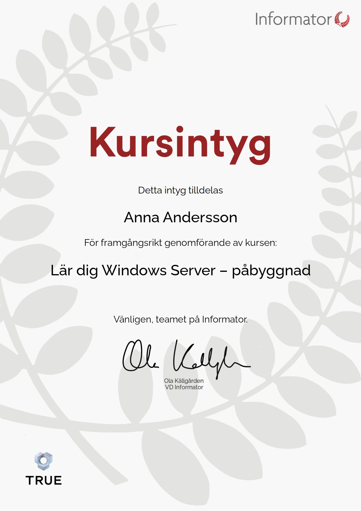 Exempel: diplom för Lär dig Windows Server – påbyggnad från Informator Utbildning