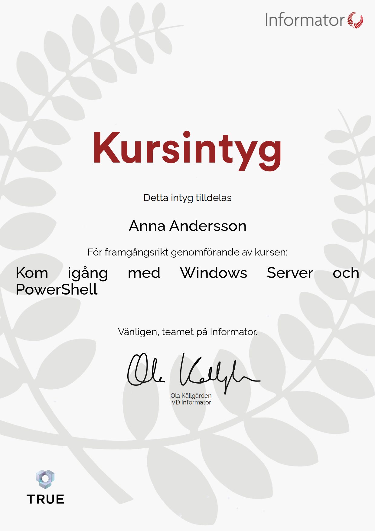 Example certificate for Get Started with Windows Server and PowerShell from Informator Utbildning