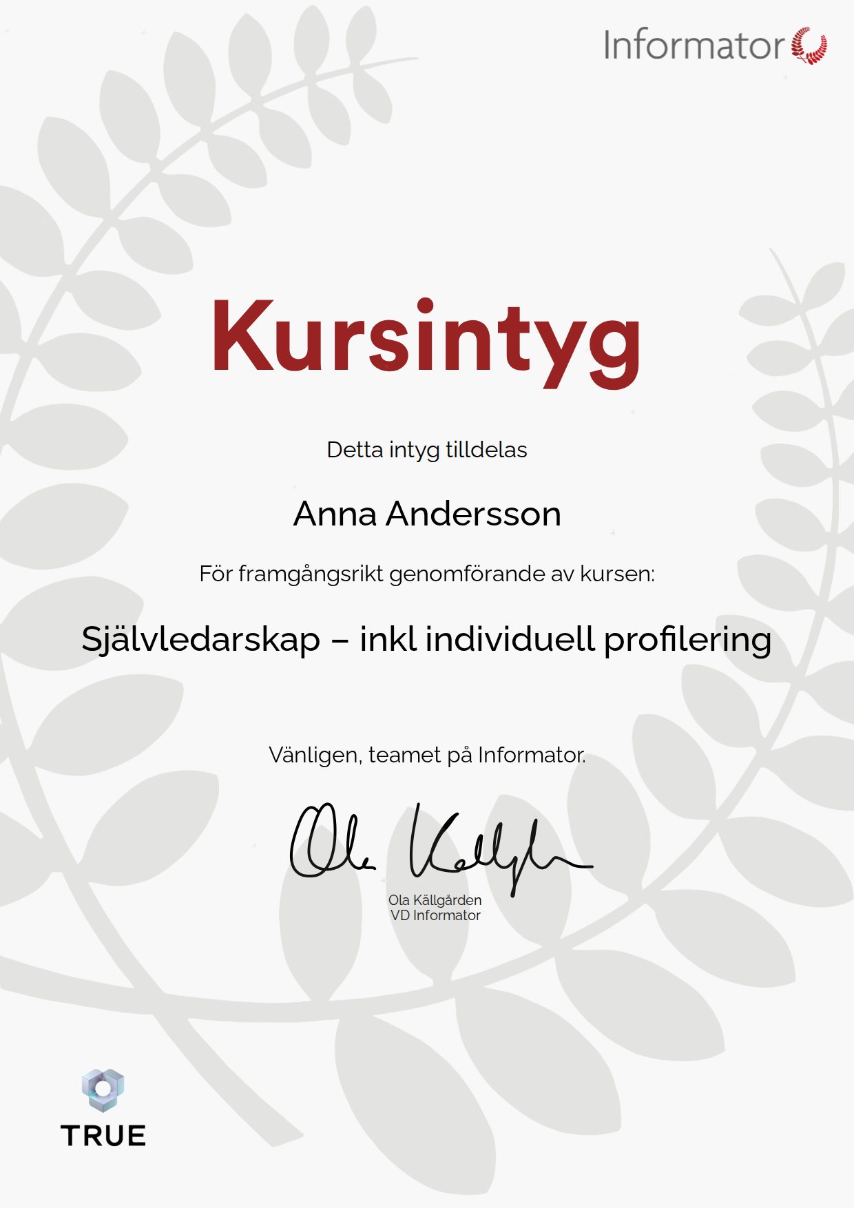 Example certificate for Self-Leadership, Including Individual Profiling from Informator Utbildning