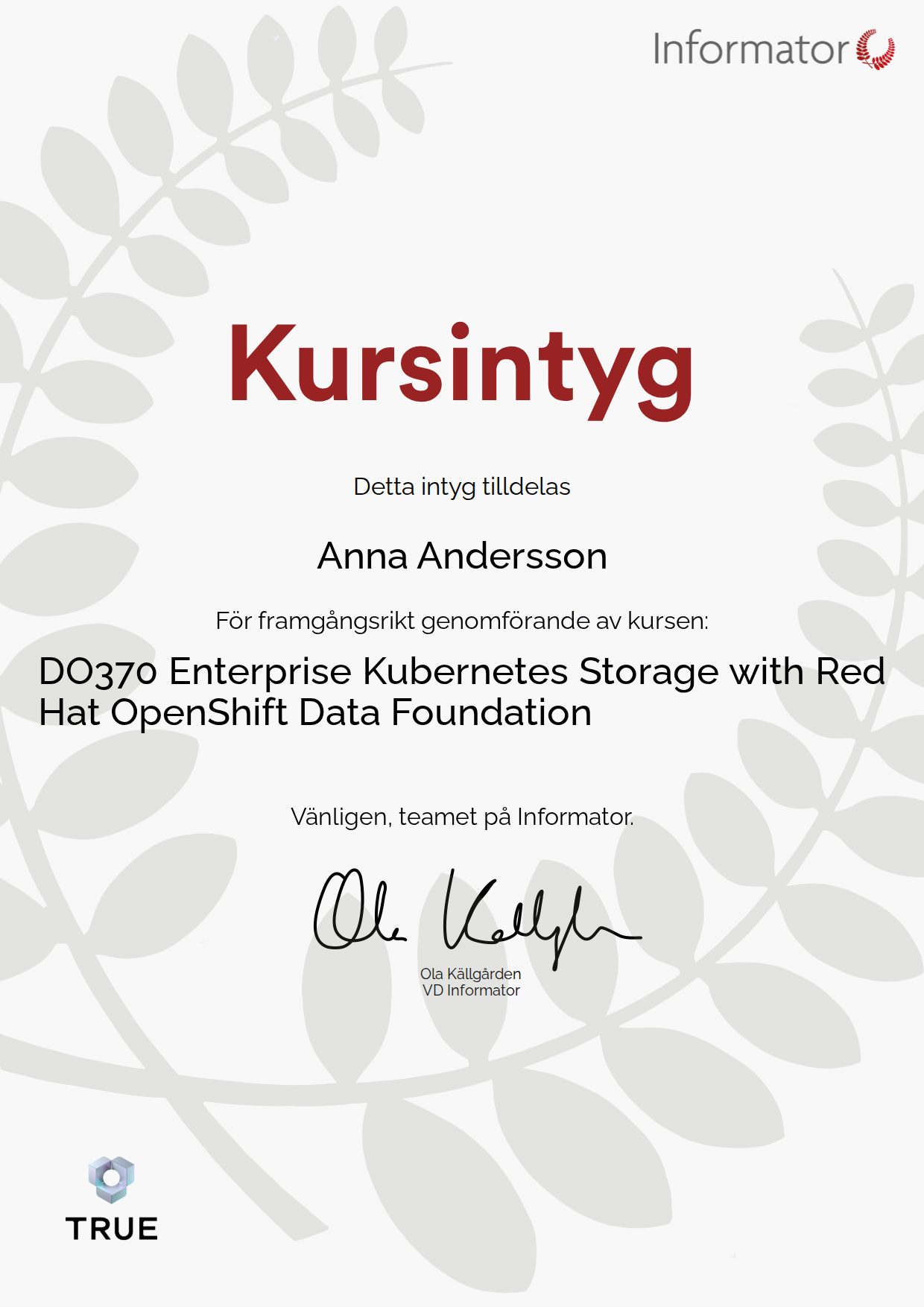 Exempel: diplom för DO370 Enterprise Kubernetes Storage with Red Hat OpenShift Data Foundation från Informator Utbildning