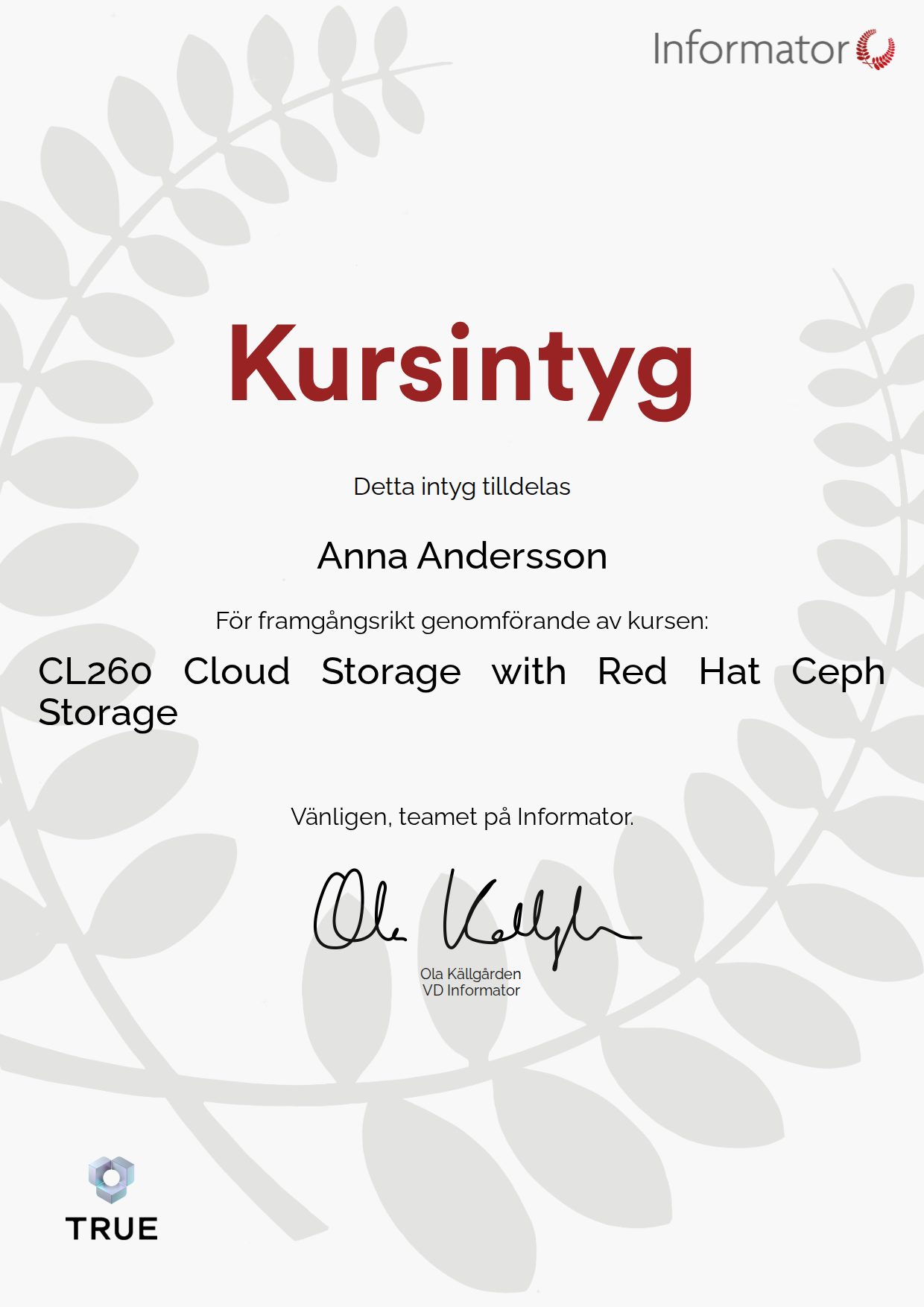 Example certificate for CL260 Cloud Storage with Red Hat Ceph Storage from Informator Utbildning