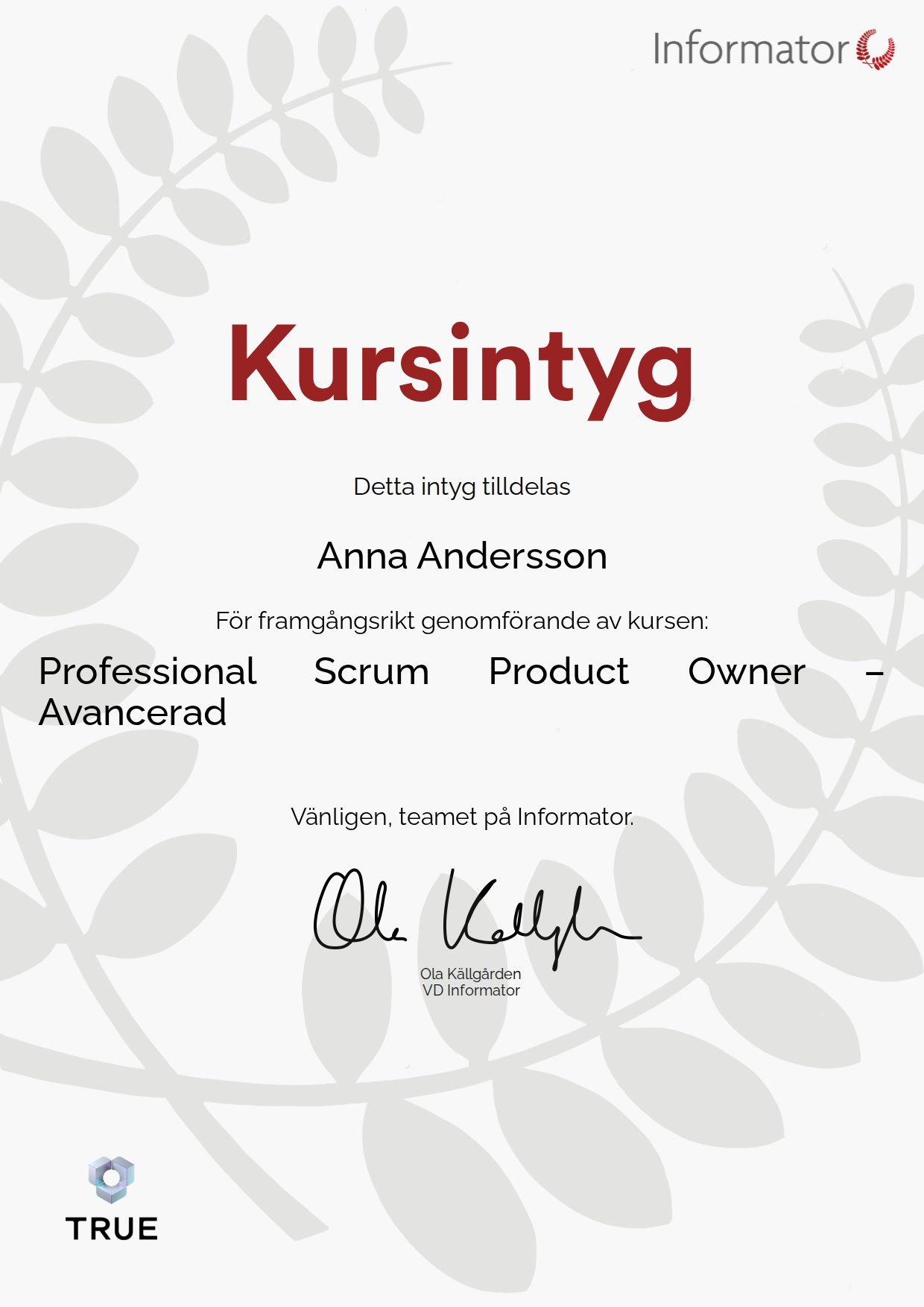Exempel: diplom för Professional Scrum Product Owner – Avancerad från Informator Utbildning