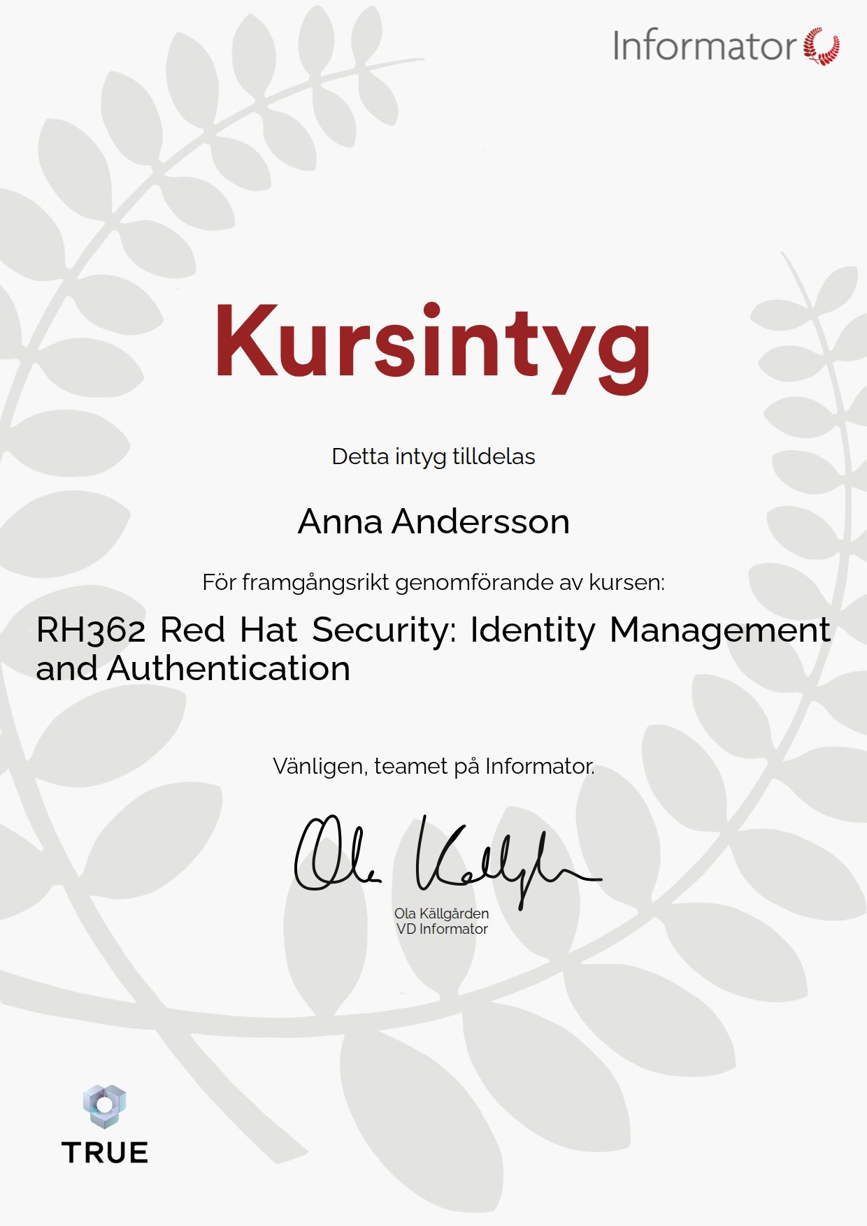 Exempel: diplom för RH362 Red Hat Security: Identity Management and Authentication från Informator Utbildning