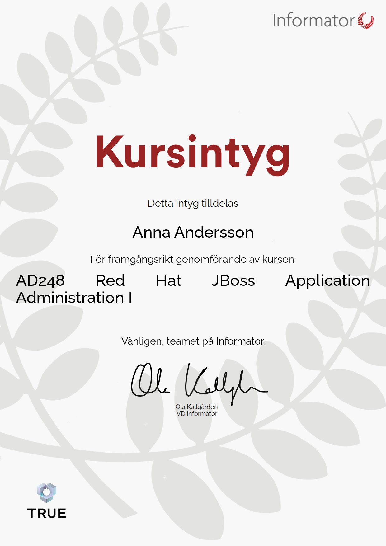 Exempel: diplom för AD248 Red Hat JBoss Application Administration I från Informator Utbildning