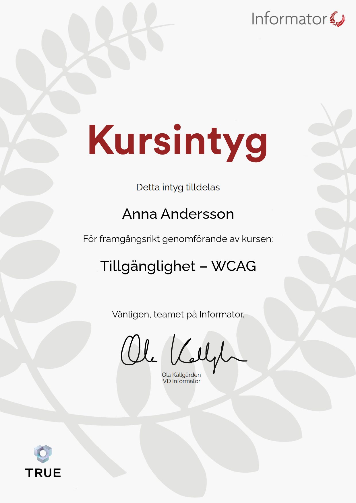 Example certificate for Accessibility: WCAG from Informator Utbildning