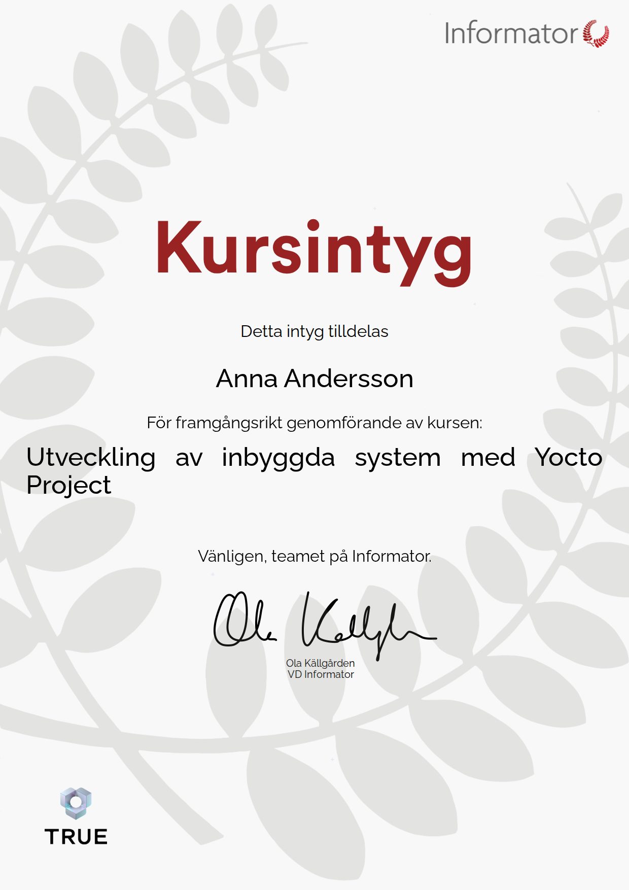 Example certificate for Embedded Systems Development with Yocto Project from Informator Utbildning