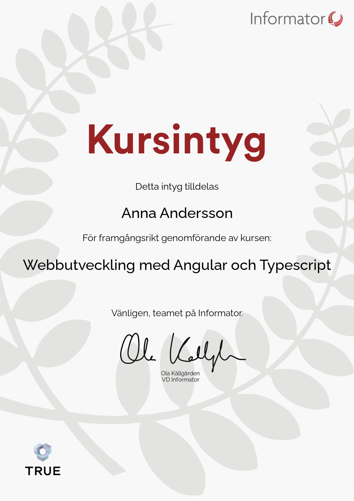 Example certificate for Web Development with Angular and Typescript from Informator Utbildning