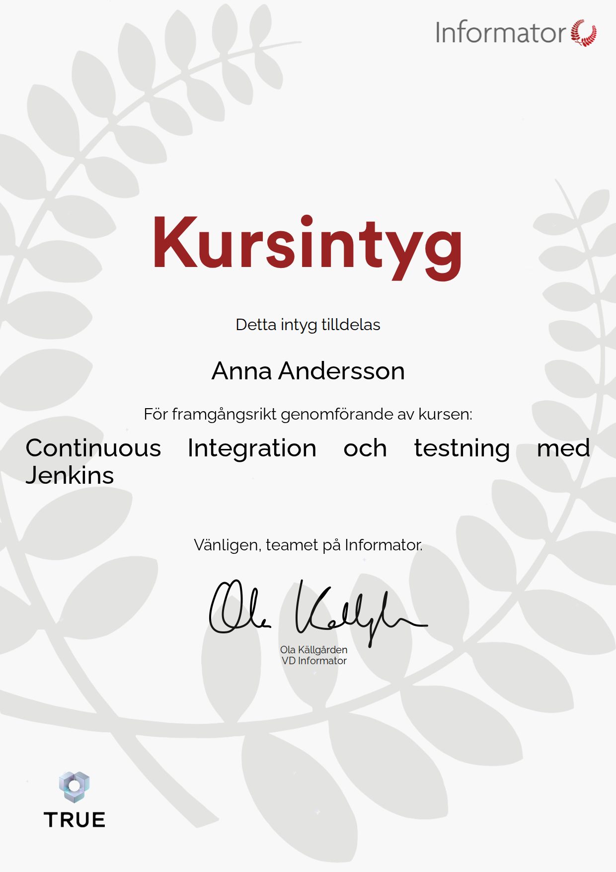 Exempel: diplom för Continuous Integration och testning med Jenkins från Informator Utbildning