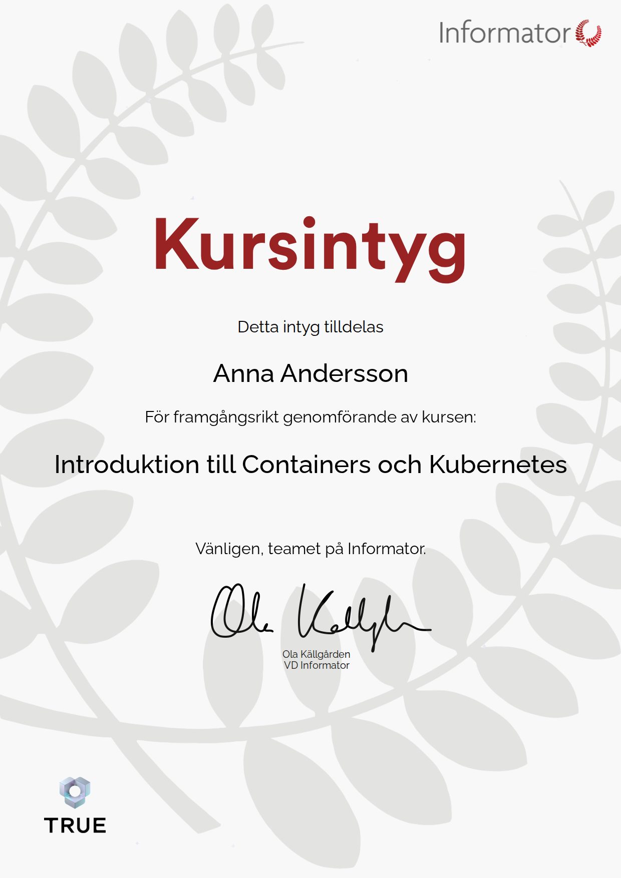 Exempel: diplom för Introduktion till Containers och Kubernetes från Informator Utbildning