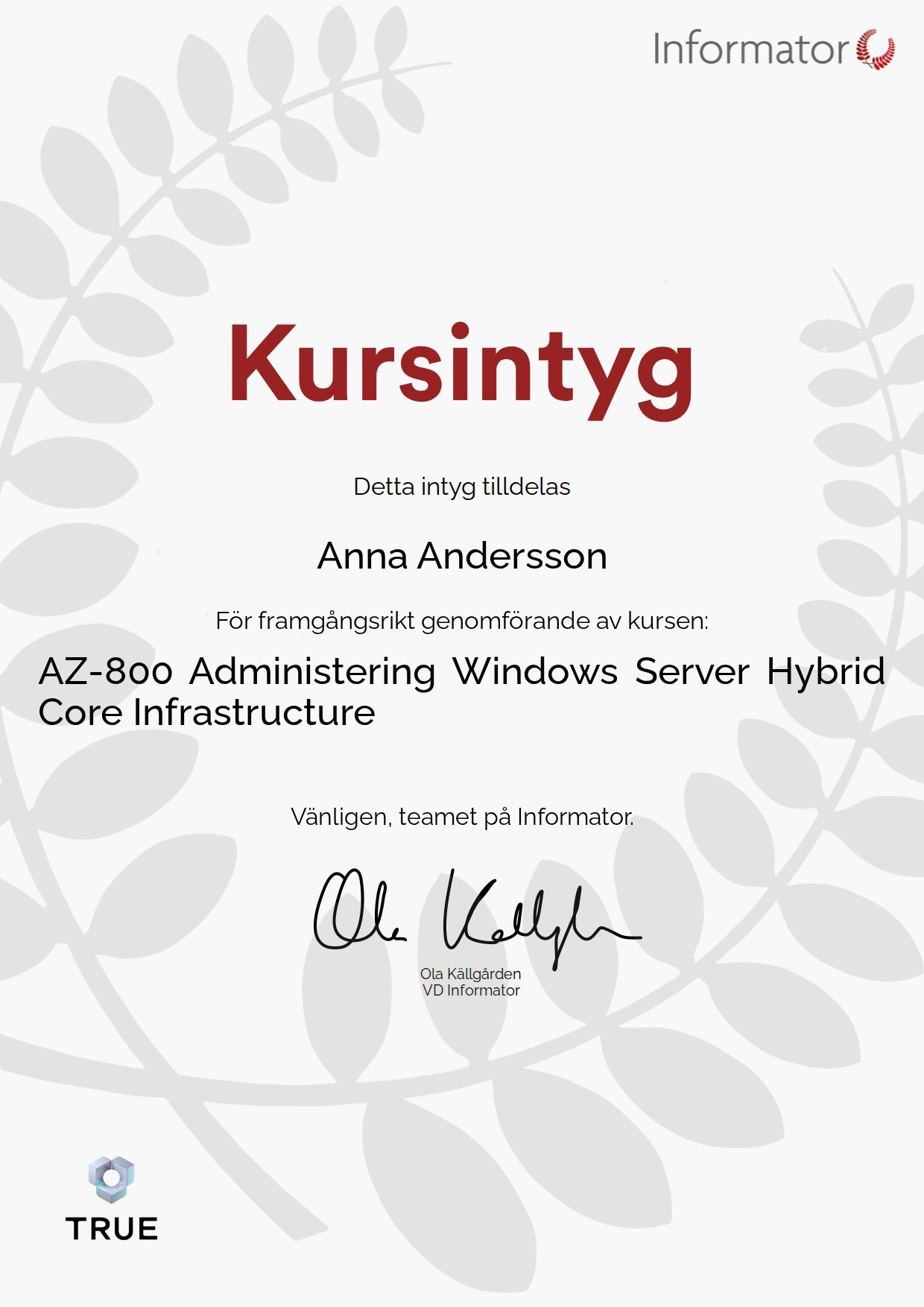 Exempel: diplom för AZ-800 Administering Windows Server Hybrid Core Infrastructure från Informator Utbildning