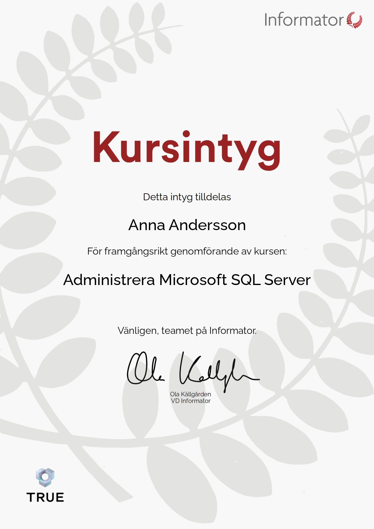 Example certificate for Administering Microsoft SQL Server from Informator Utbildning