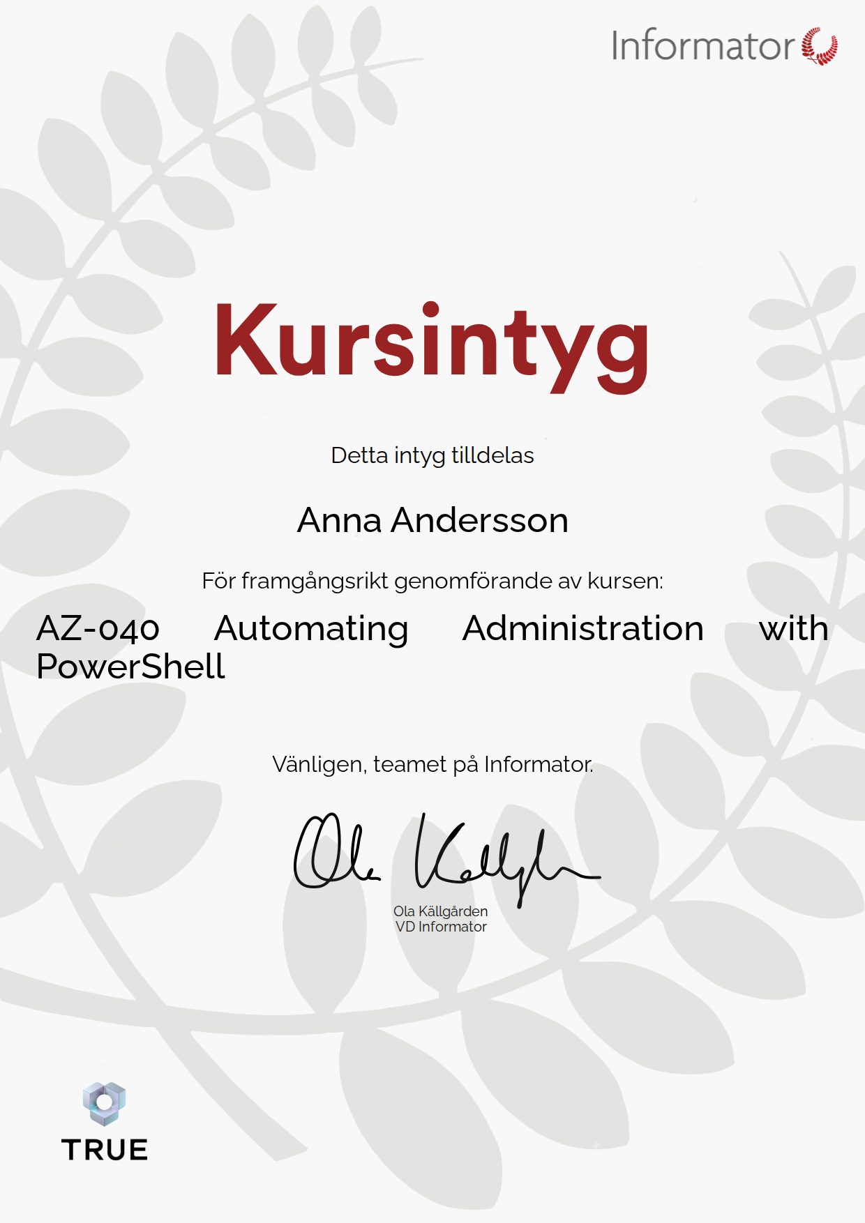 Exempel: diplom för AZ-040 Automating Administration with PowerShell från Informator Utbildning
