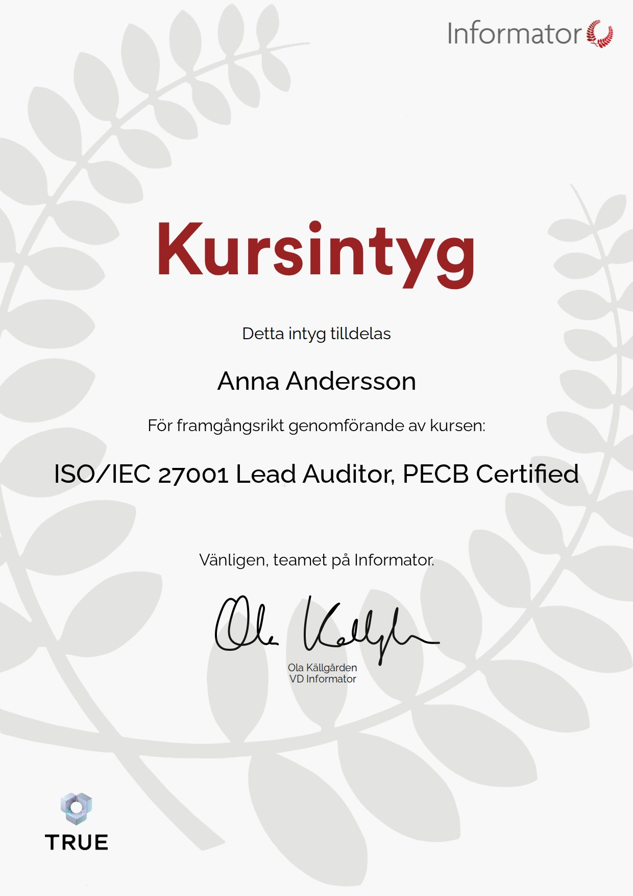 Exempel: diplom för ISO/IEC 27001 Lead Auditor, PECB Certified från Informator Utbildning