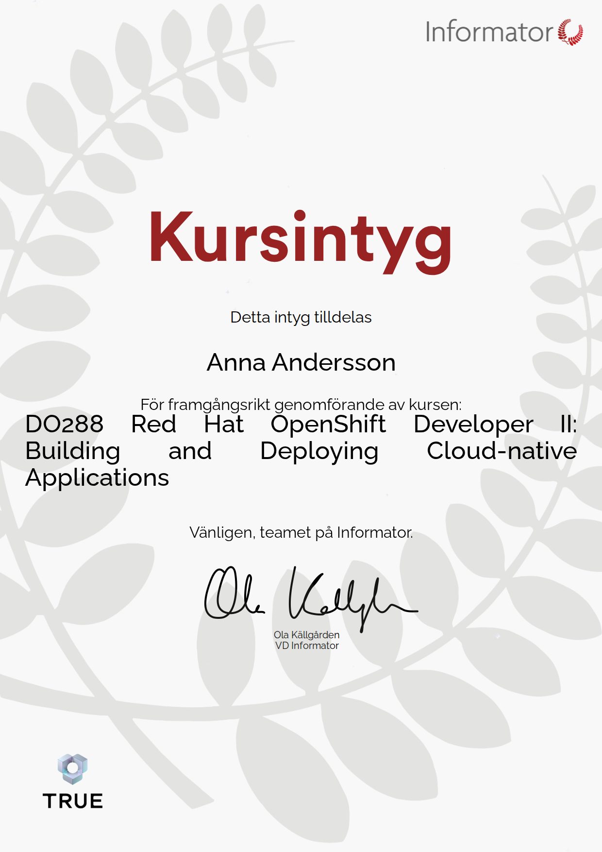 Example certificate for DO288 Red Hat OpenShift Developer II: Building and Deploying Cloud-native Applications from Informator Utbildning