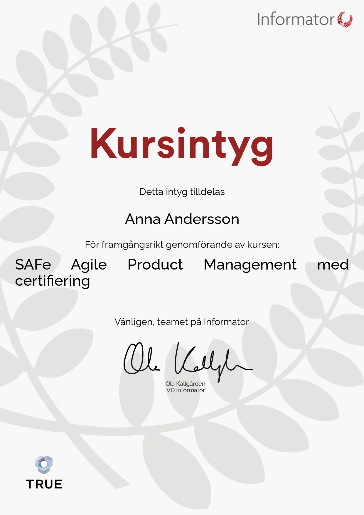 Example certificate for SAFe Agile Product Management with Certification from Informator Utbildning