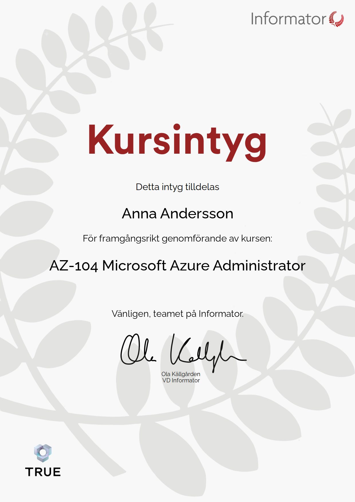 Exempel: diplom för AZ-104 Microsoft Azure Administrator från Informator Utbildning